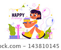 Birthday Party Vector Illustration Featuring Colorful Balloons, Festive Cake, Gift Boxes, Confetti, and Joyful Celebration Decorations 143810145