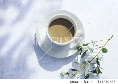尤加利樹枝和一杯白色的咖啡牛奶：令人神清氣爽的陽光、光線和陰影。 143810287