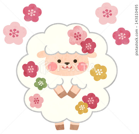 一張可愛的綿羊和梅花新年賀卡圖示插圖，用於表達對羊年的新年祝福。 143810495