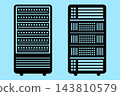 Set of server rack icons for data centers, featuring network and data storage equipment on a blue background 143810579