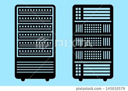 Set of server rack icons for data centers, featuring network and data storage equipment on a blue background 143810579