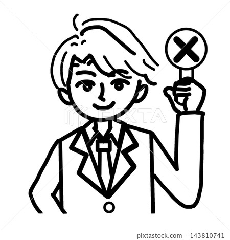 一幅半身線條畫,描繪了一位身穿西裝、微笑、手持 X 標誌或標籤的男士。 一幅半身線條畫,描繪了一位身穿西裝、微笑、手持 X 標誌或標籤的男士。 143810741