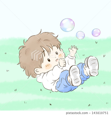 一幅手繪插圖，描繪了一個孩子伸手去夠草地上的肥皂泡。 143810751