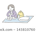 一幅描繪老婦人在避難所中感到孤獨和焦慮的插圖。 143810760