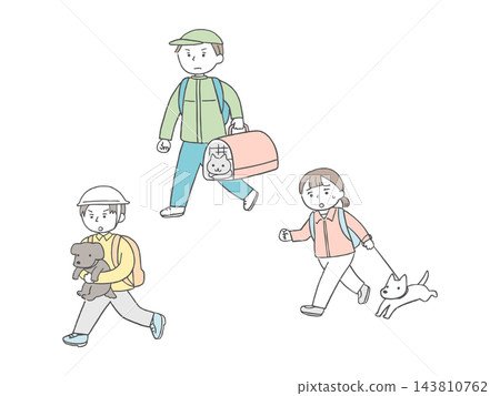 人們帶著寵物撤離的插圖 人們帶著寵物撤離的插圖 143810762