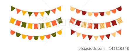 Colorful bright Thanksgiving flag bunting decoration. Triangle, round and square autumn flags garland chain. Halloween party celebration pennant decoration. Fall season decor vector illustration 143810848