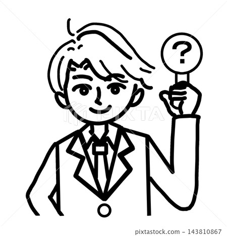一幅半身線條畫,畫中一名身穿西裝的男子麵帶微笑,手持一塊標語牌或賬單,上面有一個問號(?)。 一幅半身線條畫,畫中一名身穿西裝的男子麵帶微笑,手持一塊標語牌或賬單,上面有一個問號(?)。 143810867