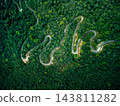 Top view aerial drone shot of winding road through dense green forest 143811282