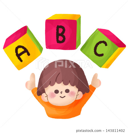 圖:一個孩子拿著字母積木(無輪廓線) 圖:一個孩子拿著字母積木(無輪廓線) 143811402