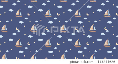 Seamless watercolour pattern with cute sail boat on dark blue background. Hand drawn illustrations for baby nursery decor, kids fabric Seamless watercolour pattern with cute sail boat on dark blue background. Hand drawn illustrations for baby nursery decor, kids fabric 143811626