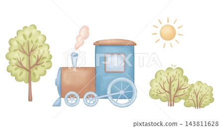 Cute watercolor train, tree and sun for children. Hand drawn isolated drawings set, cartoonish illustrations 143811628