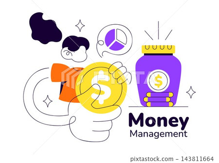 Money Management Vector Illustration Featuring Budget Planning, Savings, Financial Strategy, Expense Tracking, and Personal Finance Organization Money Management Vector Illustration Featuring Budget Planning, Savings, Financial Strategy, Expense Tracking, and Personal Finance Organization 143811664
