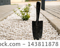 White decorative pebbles create a border along a garden path. A black hand trowel stands upright among the pebbles, complementing the landscaping design. 143811878