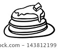 Hand drawn pancakes with butter on plate outline for American breakfast, brunch, bakery, pastry, cafe, menu, restaurant, recipe, baking book, department store, fast food, sweet dessert	 143812199