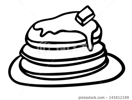 Hand drawn pancakes with butter on plate outline for American breakfast, brunch, bakery, pastry, cafe, menu, restaurant, recipe, baking book, department store, fast food, sweet dessert Hand drawn pancakes with butter on plate outline for American breakfast, brunch, bakery, pastry, cafe, menu, restaurant, recipe, baking book, department store, fast food, sweet dessert 143812199