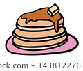 Hand drawn pancakes with butter on pink plate for American breakfast, brunch, bakery, pastry, cafe, menu, restaurant, recipe, baking book, department store, fast food, sweet dessert, cute patch	 143812276