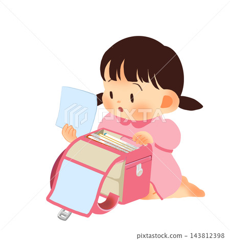 一幅女孩檢查學習用品的插圖。 一幅女孩檢查學習用品的插圖。 143812398