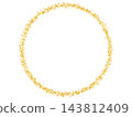 Illustration of a circular frame with a golden, glittering particle motif. 143812409