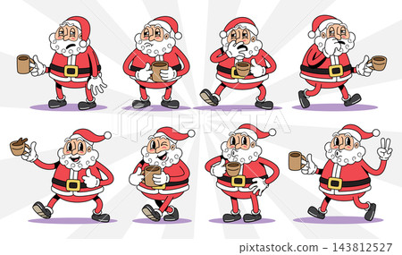 Sleepy santa claus holding coffee mug retro 1930s style rubber hose cartoon characters set for christmas coffee time, Vector illustration. Sleepy santa claus holding coffee mug retro 1930s style rubber hose cartoon characters set for christmas coffee time, Vector illustration. 143812527