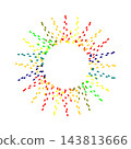 Colorful abstract radial burst with multicolored dashed lines forming a circular spiral pattern. 143813666