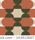 Retro geometric seamless pattern featuring terracotta arches, olive green circles, and beige shapes in a minimalist mid century modern style. 143813667