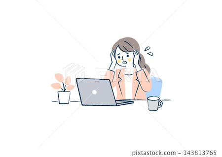 一幅插畫，描繪了一位女上班族雙手抱頭，正在電腦前工作 | 筆記型電腦、汗水、盆栽、馬克杯 143813765