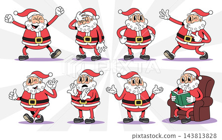 Santa Claus retro 1930s style rubber hose cartoon characters set for christmas design, Vector illustration. Santa Claus retro 1930s style rubber hose cartoon characters set for christmas design, Vector illustration. 143813828