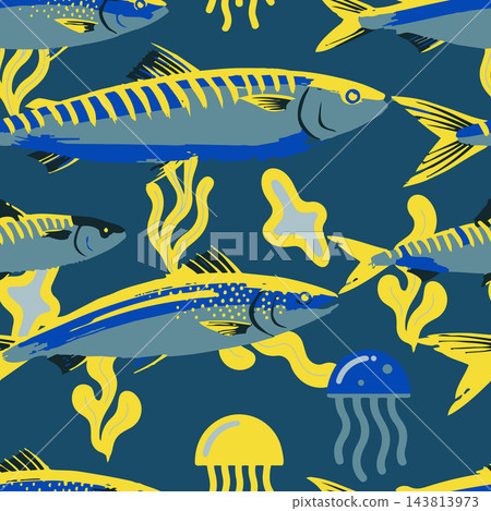 Decorative marine pattern with stylized tuna fish, jellyfish and seaweed on deep blue background, featuring bold yellow, gray and blue shapes for modern textile, wallpaper and packaging design use. Decorative marine pattern with stylized tuna fish, jellyfish and seaweed on deep blue background, featuring bold yellow, gray and blue shapes for modern textile, wallpaper and packaging design use. 143813973