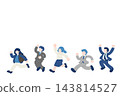 A set of flat illustrations of business people running and jumping with apparent enjoyment. 143814527