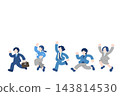A set of flat illustrations of business people running and jumping with apparent enjoyment. 143814530