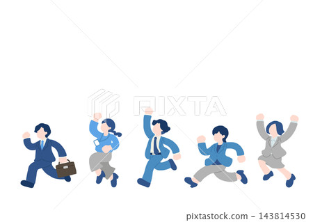 一組平面插畫，描繪了商務人士奔跑跳躍，臉上洋溢著愉悅的神情。 143814530