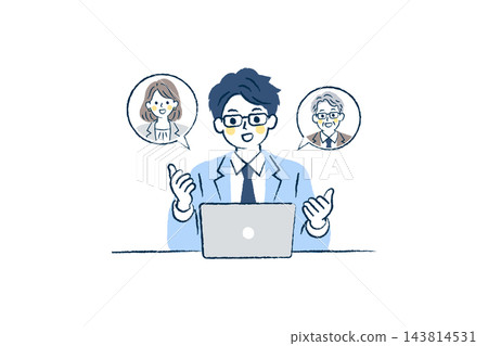 一幅插圖,描繪了一位戴眼鏡的男上班族正在與一男一女進行線上會議。 | 圖中包含電腦、對話框、西裝和眼鏡。 一幅插圖,描繪了一位戴眼鏡的男上班族正在與一男一女進行線上會議。 | 圖中包含電腦、對話框、西裝和眼鏡。 143814531