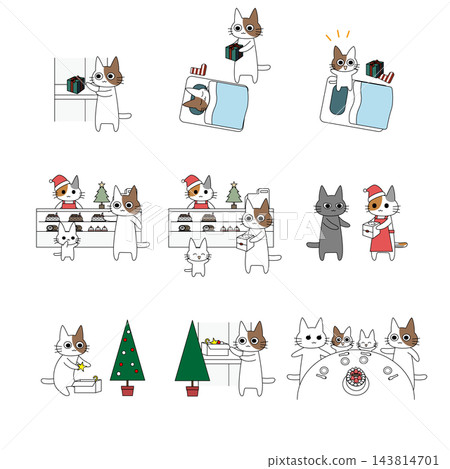 A set of 9 cute illustrations of cats enjoying Christmas preparations and gift-giving. A set of 9 cute illustrations of cats enjoying Christmas preparations and gift-giving. 143814701