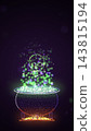 Purple and green fumes rise from a witch cauldron over a fire 143815194