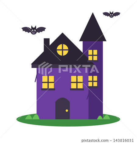 Haunted house with tower glowing windows and flying bats Halloween spooky mansion clipart isolated on white Haunted house with tower glowing windows and flying bats Halloween spooky mansion clipart isolated on white 143816031