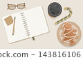 Flat lay Christmas notepad with pencil and gingerbread cookie on plate vector illustration. Cozy winter holiday background with empty copy space 143816106