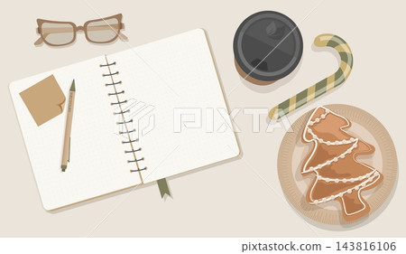Flat lay Christmas notepad with pencil and gingerbread cookie on plate vector illustration. Cozy winter holiday background with empty copy space Flat lay Christmas notepad with pencil and gingerbread cookie on plate vector illustration. Cozy winter holiday background with empty copy space 143816106