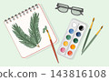 Flat lay Christmas art stationery vector background template. Cozy eco winter creative workspace layout with watercolor paints brushes and sketchpad 143816108