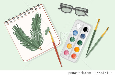 Flat lay Christmas art stationery vector background template. Cozy eco winter creative workspace layout with watercolor paints brushes and sketchpad Flat lay Christmas art stationery vector background template. Cozy eco winter creative workspace layout with watercolor paints brushes and sketchpad 143816108