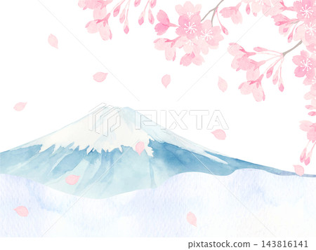 富士山和櫻花的水彩插圖。 143816141