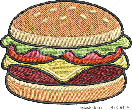 Stacked Hamburger Illustration with Embroidered Stitch Texture, Isolated Clipart Design Element 143816499