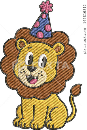 Cute cartoon lion cub wearing a blue polka dot party hat, embroidered applique style illustration with stitched outlines on a white background Cute cartoon lion cub wearing a blue polka dot party hat, embroidered applique style illustration with stitched outlines on a white background 143816812