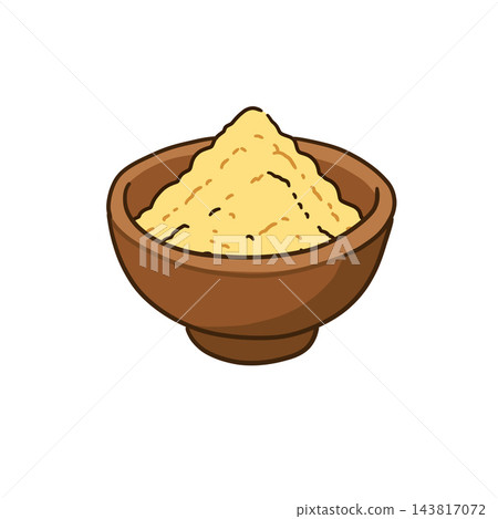 Ginger powder bowl, wooden dish yellow ground spice heap, kitchen seasoning icon. Natural organic ingredient cartoon, simple aromatic spice mark. Golden dust vessel emblem Ginger powder bowl, wooden dish yellow ground spice heap, kitchen seasoning icon. Natural organic ingredient cartoon, simple aromatic spice mark. Golden dust vessel emblem 143817072