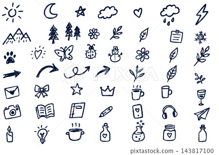 Doodle icons set navy, blue line art sun moon stars clouds nature objects, weather symbols sheet. Simple sketch elements collection, playful scribble signs group. Hand drawn motifs assortment pack Doodle icons set navy, blue line art sun moon stars clouds nature objects, weather symbols sheet. Simple sketch elements collection, playful scribble signs group. Hand drawn motifs assortment pack 143817100