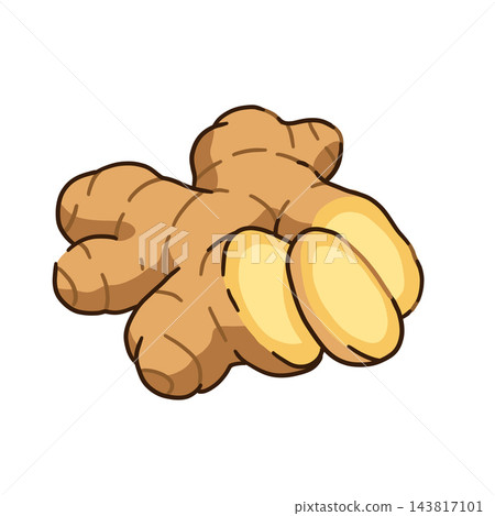 Ginger root cut pieces, tan rhizome yellow slice trio, spicy kitchen icon. Natural organic ingredient cartoon, simple aromatic spice mark. Zesty tuber chunks sign Ginger root cut pieces, tan rhizome yellow slice trio, spicy kitchen icon. Natural organic ingredient cartoon, simple aromatic spice mark. Zesty tuber chunks sign 143817101