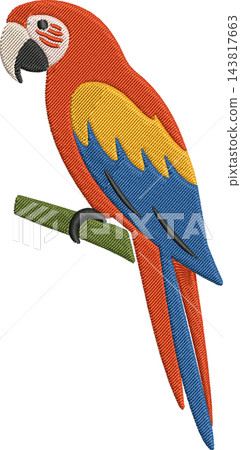 Colorful Parrot Illustration with Embroidered Stitch Texture, Isolated Clipart Design Element Colorful Parrot Illustration with Embroidered Stitch Texture, Isolated Clipart Design Element 143817663
