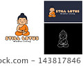 Calm buddha character, simple line art, and serene colors evoke peace and mindfulness for wellness-oriented businesses vector design 143817846