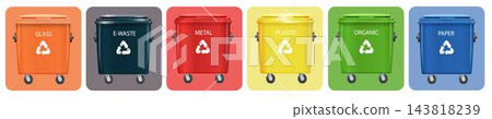 Green recycling bins for paper, plastic, and glass waste sorting. Eco-friendly trash containers vector illustration set for environmental management and garbage collection. Vector Green recycling bins for paper, plastic, and glass waste sorting. Eco-friendly trash containers vector illustration set for environmental management and garbage collection. Vector 143818239