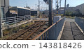 Curving railway tracks and residential area along the tracks 143818426