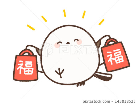 A cheerful long-tailed tit, holding lucky bags in both hands. A cheerful long-tailed tit, holding lucky bags in both hands. 143818525